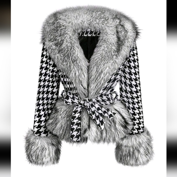 Jackets & Blazers - Fluffy Trimmed Houndstooth Print Belted Knitted Jacket